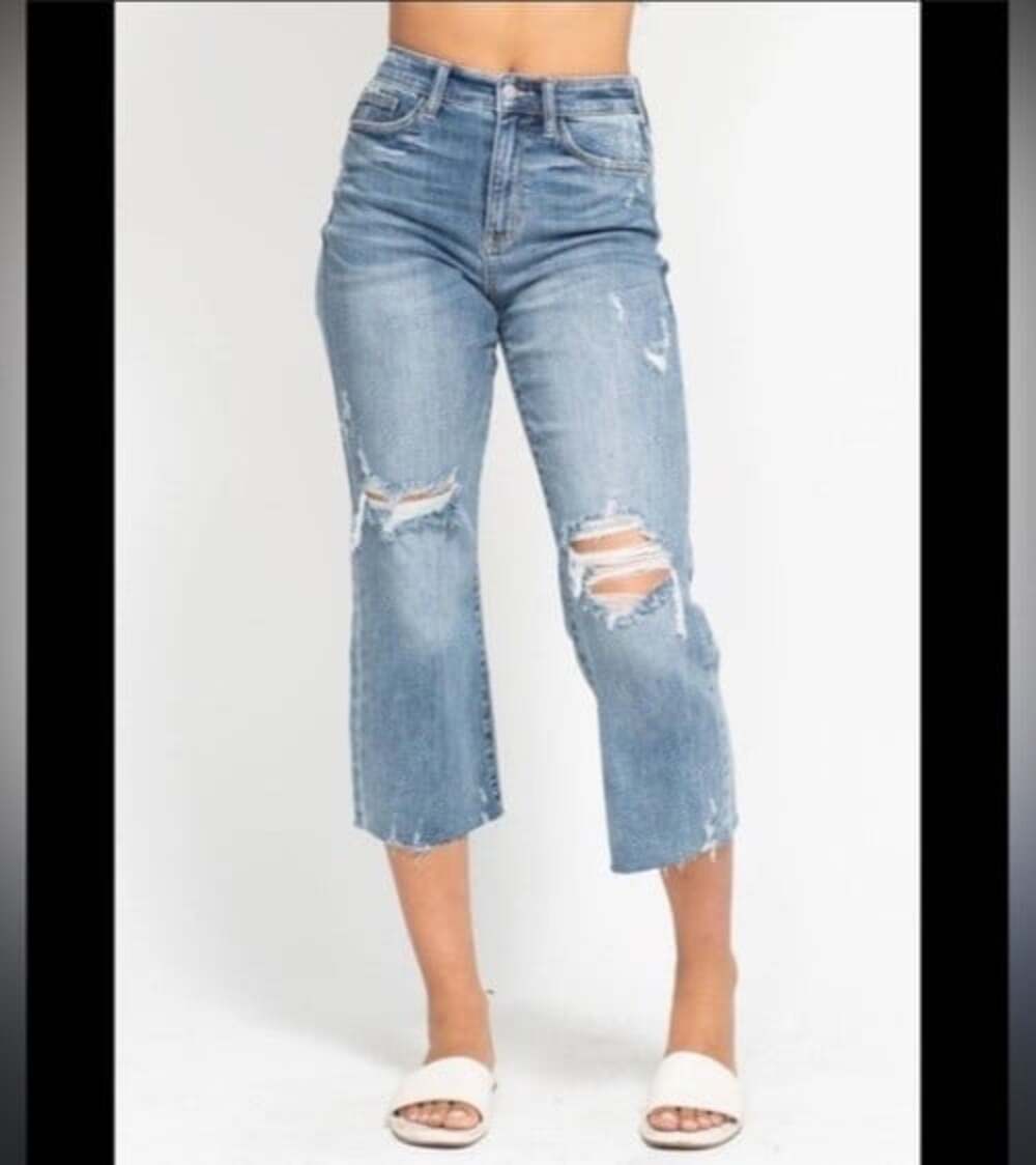 Judy Blue Jeans Womens 13/31 Wide Leg Cropped Dark Wash Distressed Raw Hem